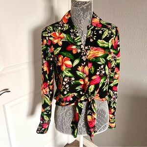 Nicole Miller Black Floral Hawaiian Print Button Down Long Sleeve Shirt